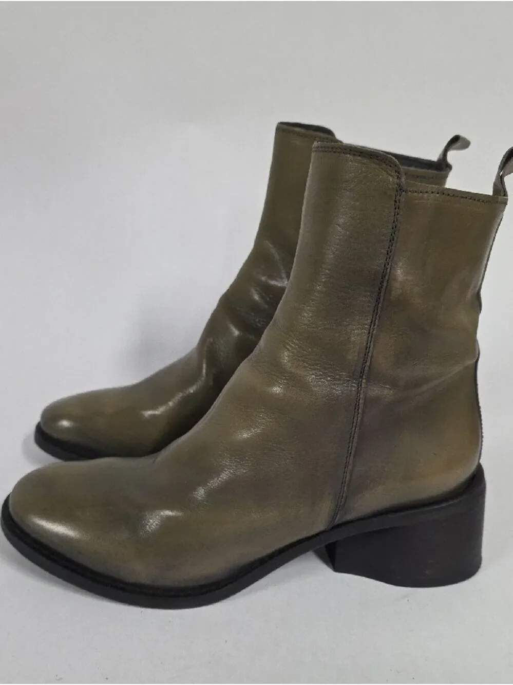 Moma Women’s Italian Leather Agnes Olive Ankle Boots - Side Zipper, Size 9 - 9.5